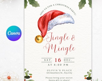 May include: A festive Christmas party invitation with a watercolor Santa hat and gold bell. The invitation reads "Jingle & Mingle" and includes event details: date, time, and location. Green holly and red berries decorate the edges.