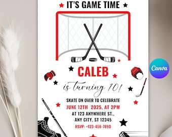 Editable Ice Hockey Birthday Invitation: Game Time Party (Canva Template, PDF File)