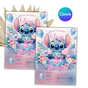 May include: Two invitations with a cartoon character, Stitch, for a 5th birthday. The invitations are pink and blue with floral accents and balloons. Text includes "Join us to celebrate Olivia", date, time, and RSVP information.