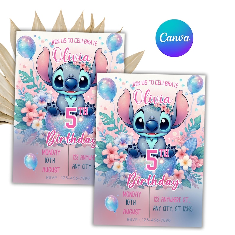 May include: Two invitations with a cartoon character, Stitch, for a 5th birthday. The invitations are pink and blue with floral accents and balloons. Text includes "Join us to celebrate Olivia", date, time, and RSVP information.