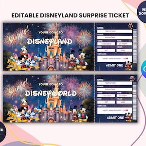 Puede incluir: Dos entradas sorpresa de Disneyland con un fondo azul oscuro, con Mickey Mouse y sus amigos frente a un castillo. Las entradas dicen "Vas a Disneyland" y "Admite uno".