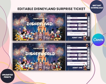 Editable Disneyland Ticket, Disneyworld Ticket Template, Surprise Ticket Gift, Theme Park Ticket, Birthday Surprise, Instant Download