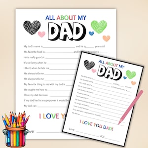 Alles über meinen Vater Fragebogen zum druckbaren Vatertag, DIY-Vatertagsmalkarte, füllen Sie das leere Arbeitsblatt aus, digitaler Download