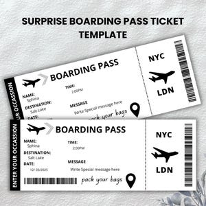 Modèle modifiable de carte d'embarquement, billet anniversaire surprise imprimable, billet d'avion personnalisé, modèle Canvas, téléchargement immédiat,