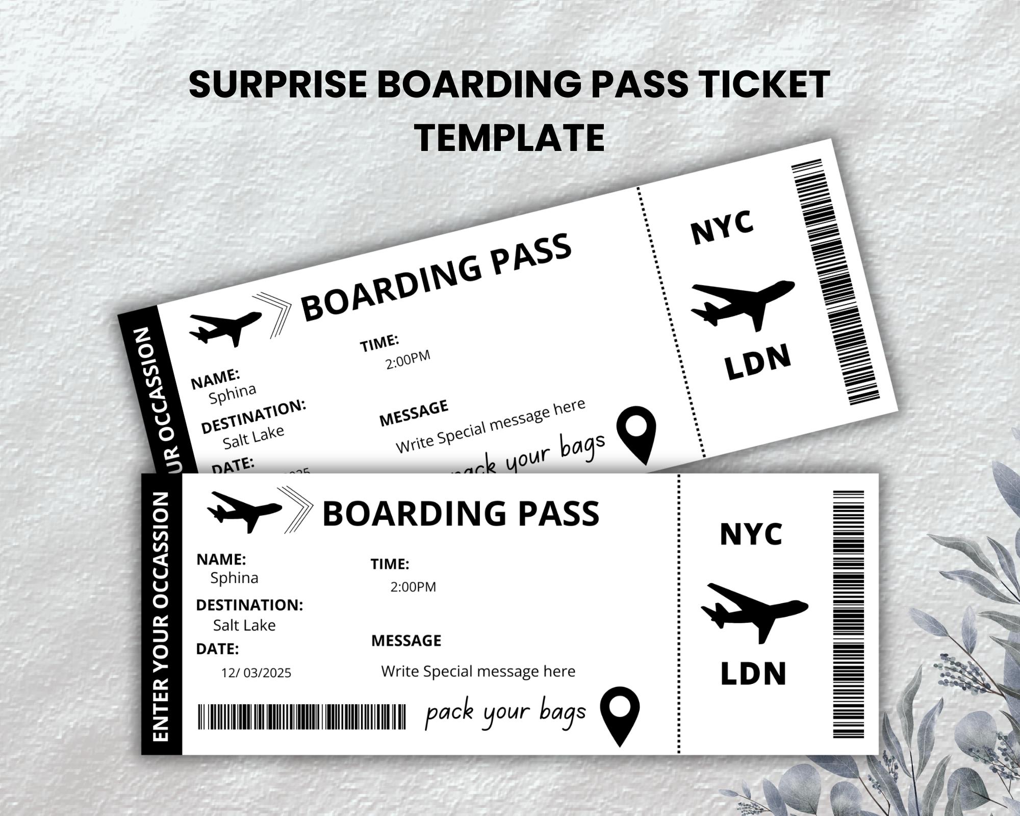 Editable Surprise Boarding Pass Template: Printable Airline Ticket