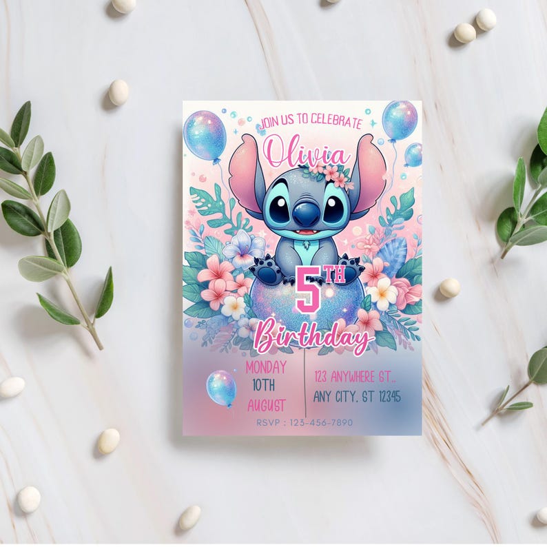 May include: A birthday invitation featuring a cartoon character with large ears, surrounded by flowers and balloons. The invitation reads "Join us to celebrate Olivia's 5th Birthday" with date, time, and RSVP information.