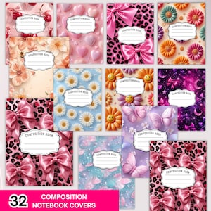 May include: A collection of thirty-two composition notebook covers featuring various patterns including pink leopard print with satin bows, daisies, cherries, hearts, smiley faces, butterflies, and celestial motifs, each with a central white label.
