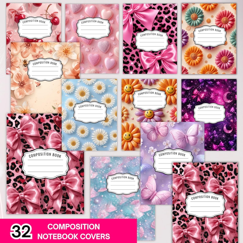 K&ouml;nnte beinhalten: Eine Sammlung von zweiunddrei&szlig;ig Notizbuchumschl&auml;gen mit verschiedenen Mustern, darunter rosa Leopardenmuster mit Satinschleifen, G&auml;nsebl&uuml;mchen, Kirschen, Herzen, Smileys, Schmetterlingen und himmlischen Motiven, jeweils mit einem wei&szlig;en Etikett.