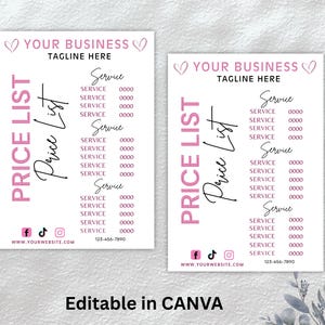 May include: A pink and white printable price list template with the text "YOUR BUSINESS TAGLINE HERE" at the top. The template has a list of services with a space for the price next to each service. The template also includes social media icons and a website address.