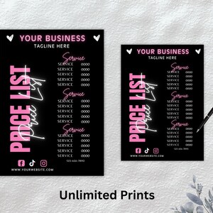 Może przedstawiać: Dwa czarne i r&oacute;żowe znaki z listą cen z tekstem "YOUR BUSINESS TAGLINE HERE" i "PRICE LIST" w kolorze r&oacute;żowym. Znaki zawierają listę usług i cen z tekstem "Service" w kolorze r&oacute;żowym. Znaki zawierają r&oacute;wnież ikony medi&oacute;w społecznościowych i adres strony internetowej.
