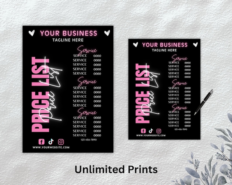 Może przedstawiać: Dwa czarne i r&oacute;żowe znaki z listą cen z tekstem "YOUR BUSINESS TAGLINE HERE" i "PRICE LIST" w kolorze r&oacute;żowym. Znaki zawierają listę usług i cen z tekstem "Service" w kolorze r&oacute;żowym. Znaki zawierają r&oacute;wnież ikony medi&oacute;w społecznościowych i adres strony internetowej.