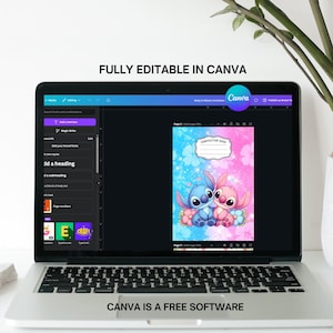 May include: Laptop screen showing a notebook design featuring Stitch and Angel characters against a blue and pink backdrop. The screen displays the Canva interface, with the text "FULLY EDITABLE IN CANVA" and "CANVA IS A FREE SOFTWARE".