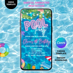 Könnte beinhalten: Eine digitale animierte Einladung für eine Poolparty, angezeigt auf einem Smartphone. Die Einladung zeigt den Text "POOL Party" in Neonrosa, mit Details für Olivias 10. Geburtstag. Enthält eine Canva-Vorlage und einen Sofort-Download.