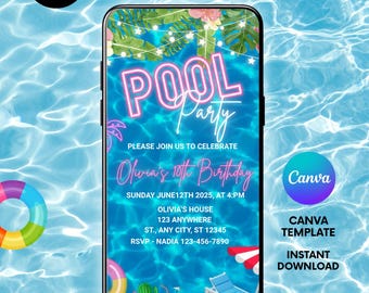 Blue Pool Party Video Invitation: Beach Theme, Summer Birthday (Digital Download, MP4 Template)