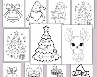 Può includere: Un libro da colorare digitale con un banner rosso e verde che recita "40 PAGE DIGITAL COLORING BOOK". Il libro presenta disegni al tratto in bianco e nero a tema natalizio, tra cui un albero di Natale, Babbo Natale e renne.