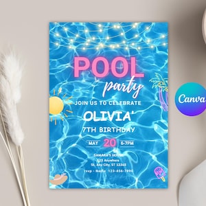 May include: A blue pool party invitation with a pink "POOL party" text, a yellow sun, and a palm tree. The invitation is for Olivia's 7th birthday party on May 20th from 6-7pm. The text includes the address and RSVP information.