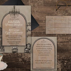 Invitación de boda "The Scholar's Vow" de Dark Academia / Plantilla digital editable inspirada en una biblioteca con RSVP y tarjeta de detalles