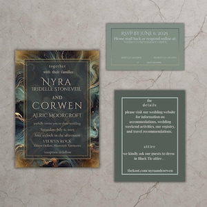 Conjunto de convites de casamento Echoed Dust – Modelo editável | Convite Moody Abstract, RSVP e cartão de detalhes | Download digital