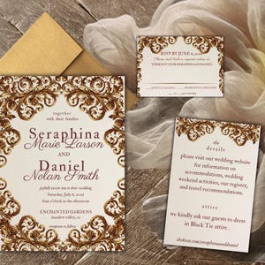 Vergoldete Romantik Hochzeit Einladung Vorlage | Stimmungsvolle Blumenweinhochzeit | Elegantes Barock-Einladungs-Set | Digitale Antwortkarte