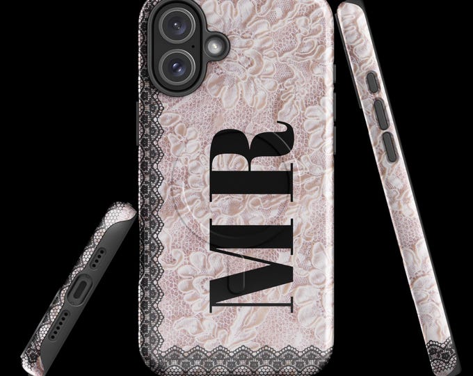 Featured listing image: LACY Pink Floral Lace & Black Lace MagSafe® Tough Case for iPhone® (Personalization Optional)
