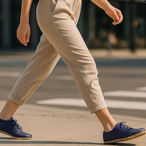 Handmade Dark Blue Leather Barefoot Sneakers: Copper Rivet Grounding Minimalist Shoes