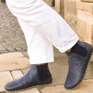 Barefoot Grounding Zero Drop Handmade Leather Navy Blue Chelsea Boots, Barefoot Earthing Shoes Women, Minimalist Wide Toe Box Chelsea Shoes