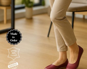 Handmade Leather Ballet Flats: Burgundy Barefoot Grounding Shoes, Minimalist Ballerina Shoes