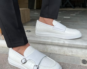 White Casual Monk Strap Shoes for Men | Sardinelli Slip On Shoes | Smart Casual Dress Loafers