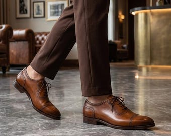 Handmade Leather Men's Tan Cap-Toe Saddle Brogue Oxford