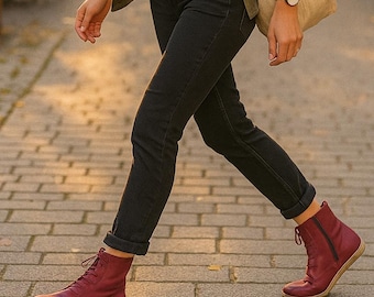 Handmade Burgundy Leather Barefoot Boots: Wide Toe, Zero Drop