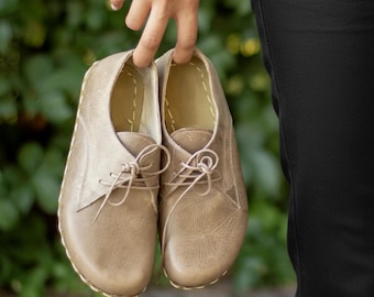 Handmade Leather Light Brown Barefoot Oxfords: Women's Zero Drop Lace Up Grounding Shoes