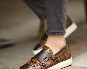 Brown Casual Monk Strap Shoes for Men | Sardinelli Slip On Shoes | Smart Casual Dress Loafers