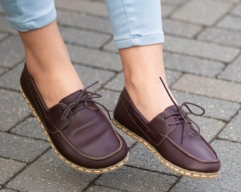Handmade Leather Barefoot Boat Shoes: Women's Coffee Brown Grounding Loafers