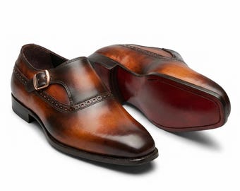 Men's Cognac Patina Single Monk-Strap Brogue | Medallion Strap