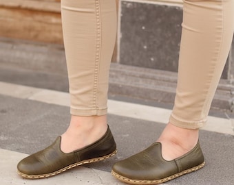 Handmade Olive Green Leather Barefoot Shoes: Wide Toe Box Turkish Slip-Ons