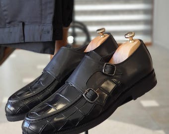Svarta krokodilpräglade loafers - Dress Shoes med dubbla munkband