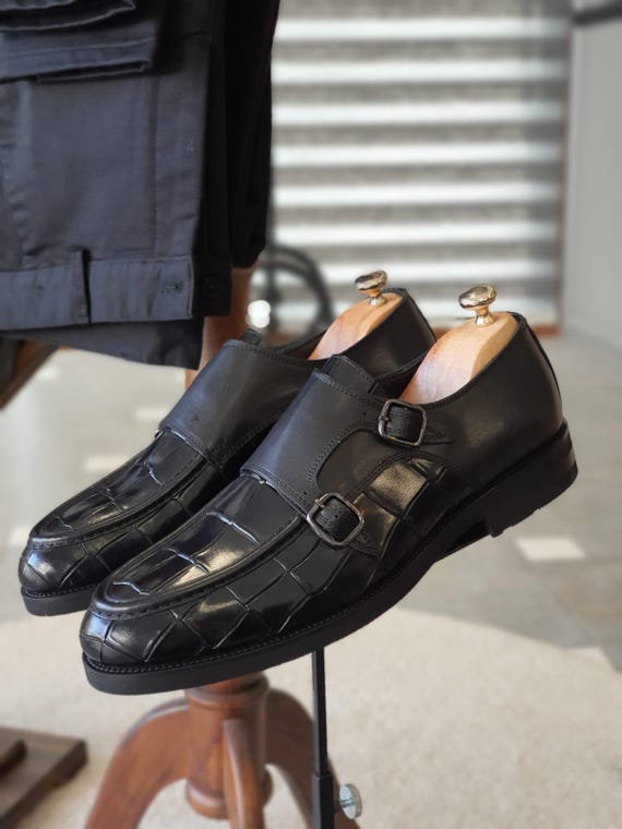 Black Crocodile Embossed Loafers - Double Monk Strap Dress Shoes