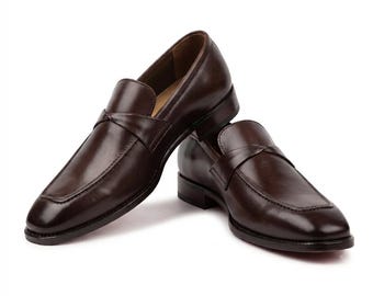Handmade Men's Dark Espresso Crossover-Strap Penny Loafer | Smooth Calfskin l Slip-On