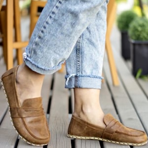 Handmade Matte Brown Barefoot Penny Loafers for Women, Zero Drop Grounding Shoes, Matte Brown Natural Leather Earthing Shoes