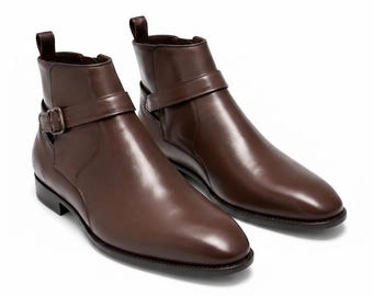 Men's Dark Brown Jodhpur-Strap Leather Ankle Boot | Pull-Tab & Buckle