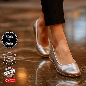 Handgemachte Silber Leder Ballerinas: Barfuß Minimalistische Schuhe