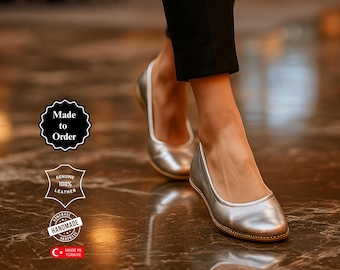 Handmade Silver Leather Ballet Flats: Barefoot Minimalist Shoes