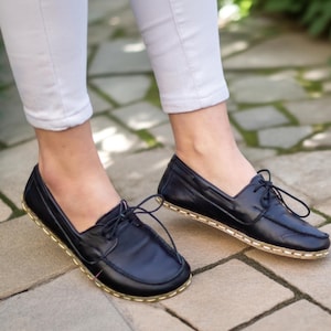 Handmade Black Leather Barefoot Boat Shoes: Women&#39;s Zero Drop Loafers