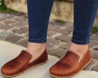 Handmade Brown Leather Barefoot Loafers: Women's Zero Drop Grounding Minimalist Shoes