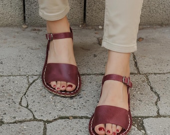 Handmade Leather Barefoot Sandals: Burgundy Opened Toe, Wide-Toe Women's Sandals