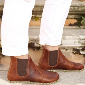 Barefoot Grounding Zero Drop Handmade Leather Brown Chelsea Boots, Barefoot Earthing Shoes Women, Minimalist Wide Toe Box Chelsea Shoes