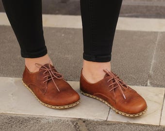 Handmade Brown Leather Barefoot Oxfords - Zero Drop Lace-Up Shoes