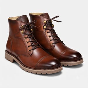Herren-Schnürstiefel aus cognacfarbenem Leder mit Kappe | Profilsohle | Ösen aus Messing | Klassischer Arbeitsstiefel
