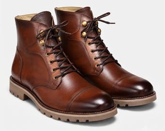 Men's Cognac Cap-Toe Leather Lace-Up Boot | Lug Sole | Brass Hook Eyelets | Heritage Work Boot
