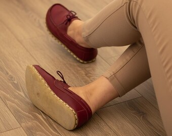 Handmade Burgundy Leather Barefoot Boat Shoes: Women's Grounding Loafers